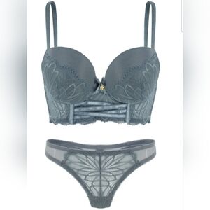 NWT DAISY FUENTES Lace Push Up Bra 36B Matching Thong Set L Dusty Teal Blue